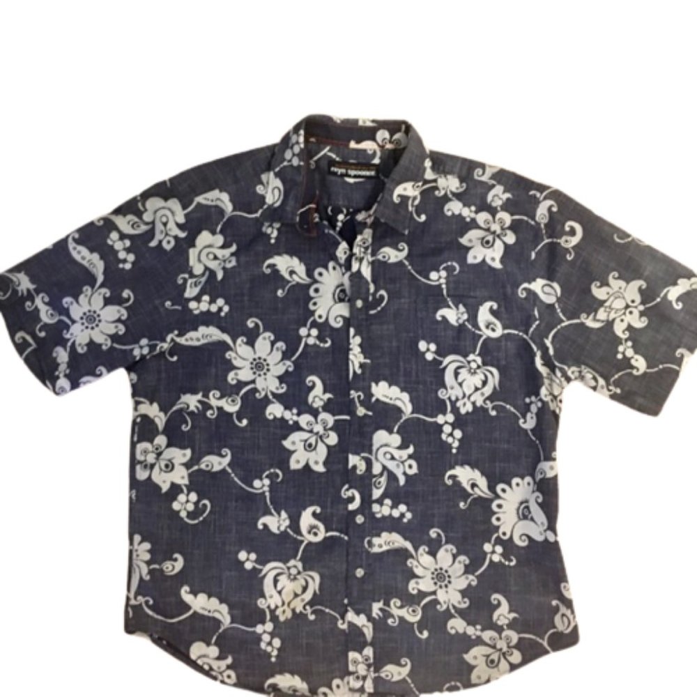 Reyn Spooner Classic Hawaiian Shirt Reverse Print Blue White Cotton Linen 2XXL